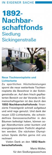 "1892 aktuell": Nachbarschaftsfonds (TT-Platte und Lichterkette) (September 2024)